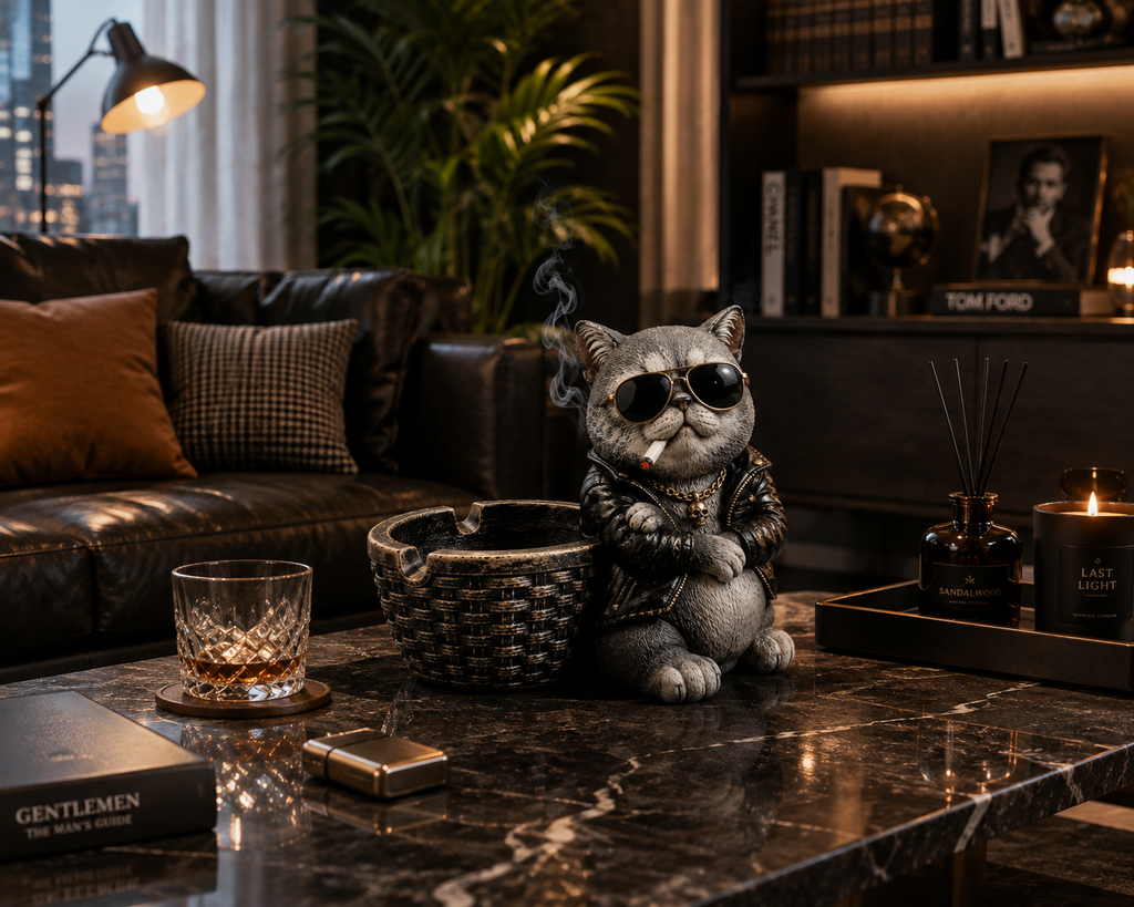 Cool Cat Resin Ashtray with Cigarette Holder