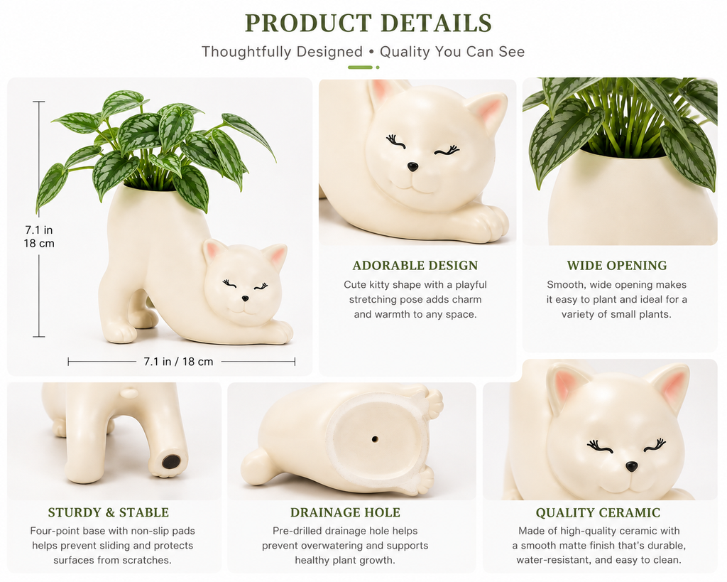Cat-Shaped Ceramic Planter with Drainage Hole
