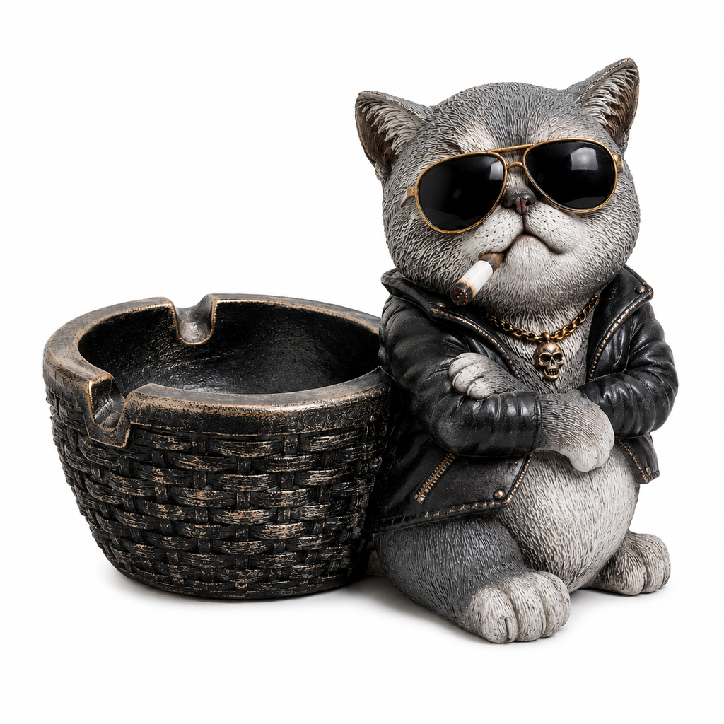 Cool Cat Resin Ashtray with Cigarette Holder
