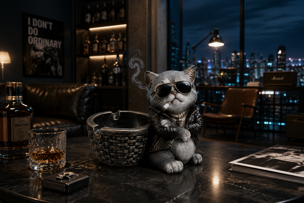 Cool Cat Resin Ashtray with Cigarette Holder
