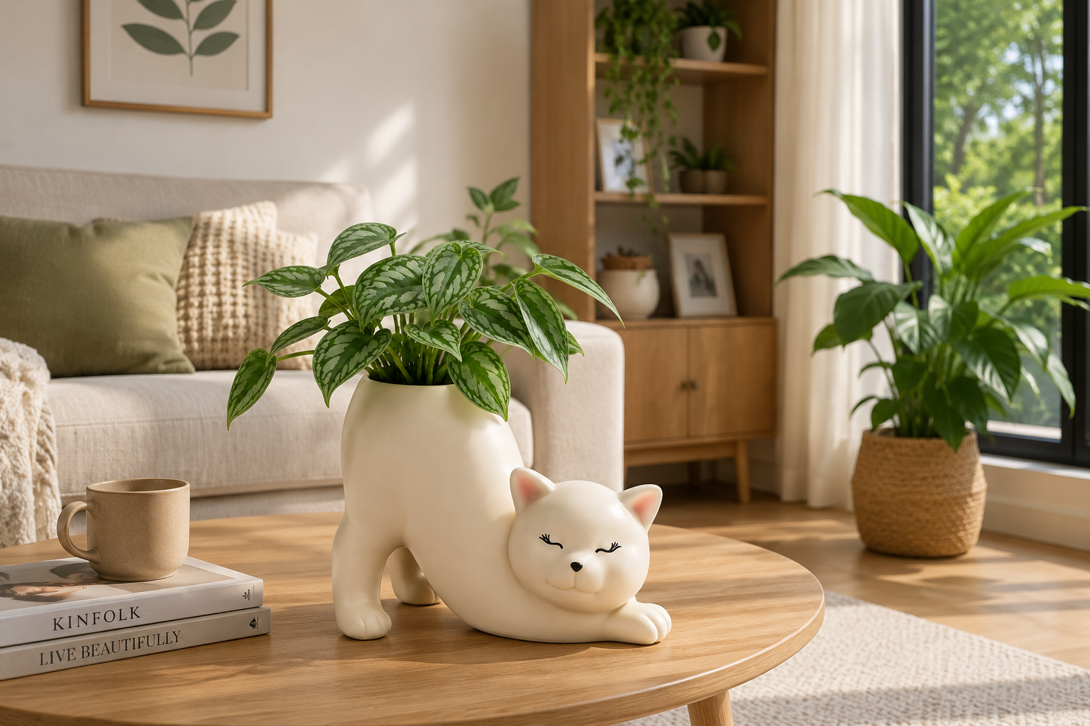 Cat-Shaped Ceramic Planter with Drainage Hole
