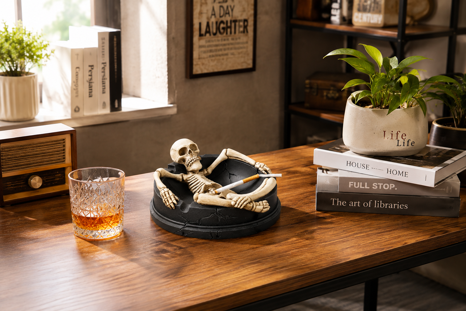 Skeleton Resin Ashtray with Cigarette Rest
